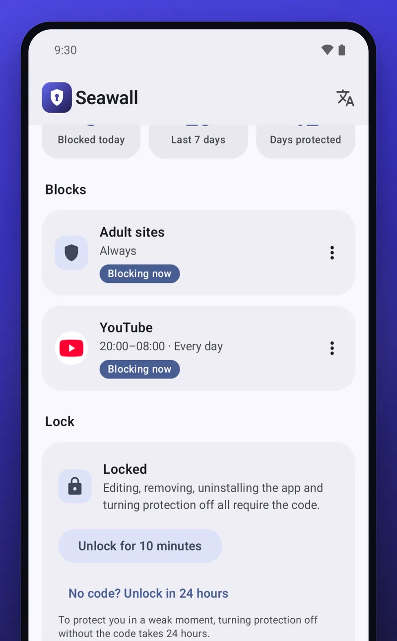 Seawall on Android: the Blocks list showing Adult sites blocked always and YouTube blocked 20:00 to 08:00, with the lock card below.