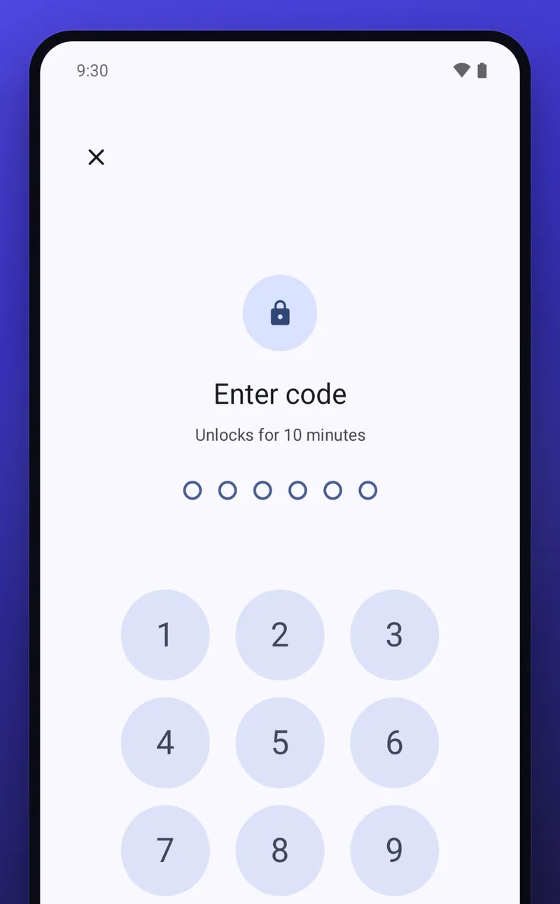 Seawall PIN pad on Android: Enter code, unlocks for 10 minutes, six empty dots and a numeric keypad.