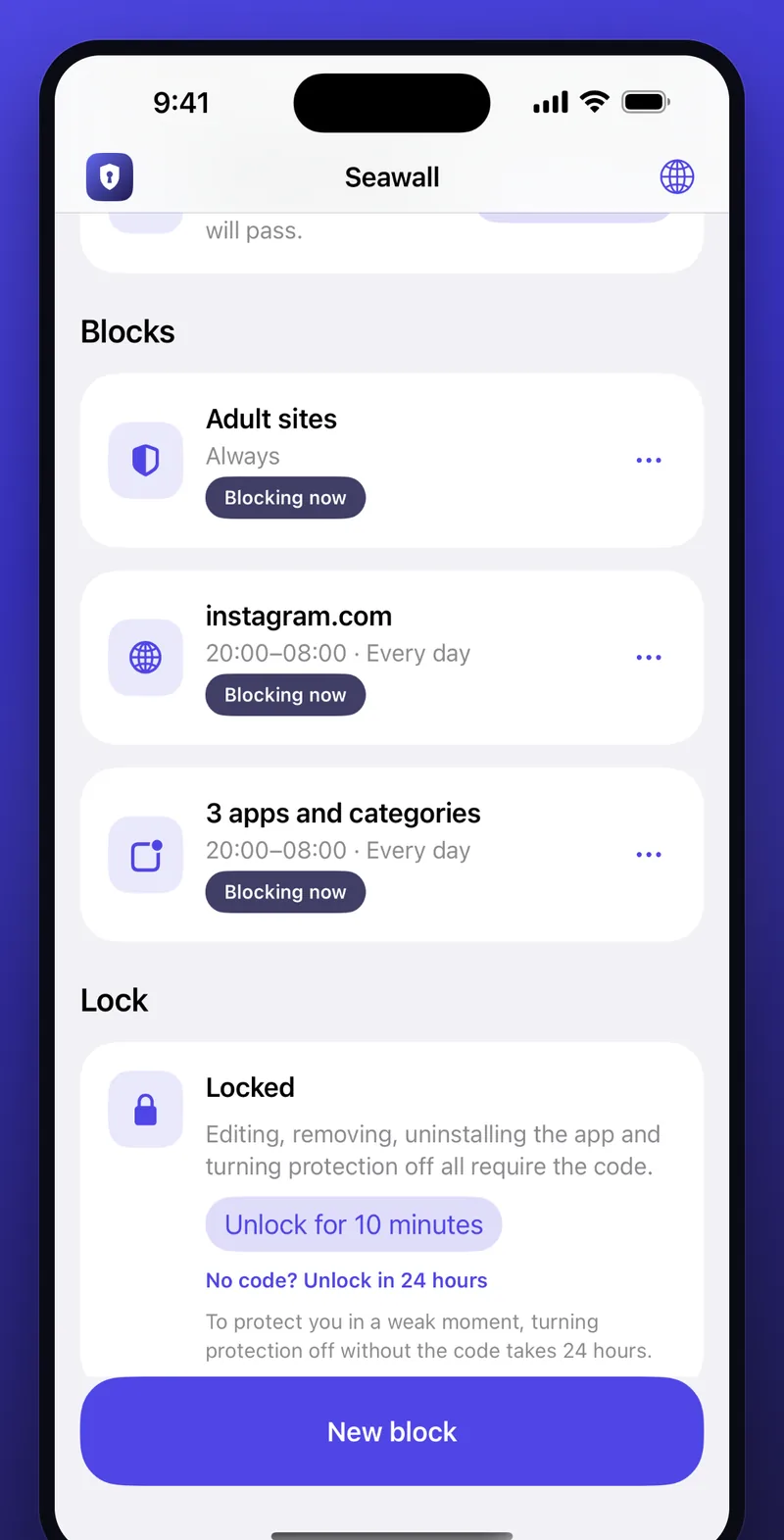 Seawall home screen on iPhone: Adult sites blocked always, instagram.com and three apps blocked 20:00 to 08:00 every day, and the lock card with the 24-hour unlock option.