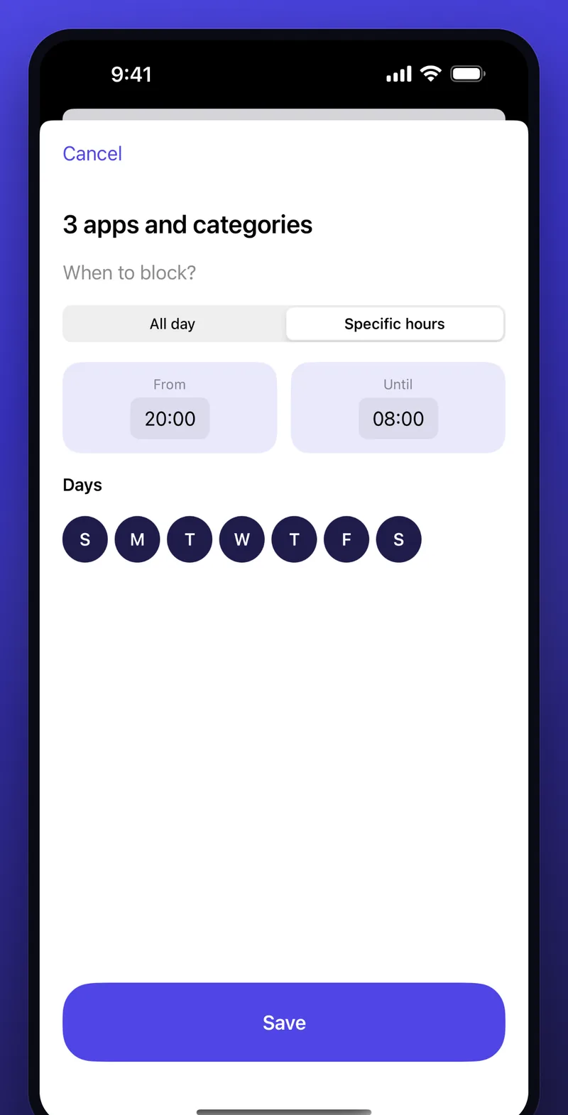 Seawall schedule editor on iPhone: three apps and categories blocked at specific hours from 20:00 until 08:00, every day of the week selected.