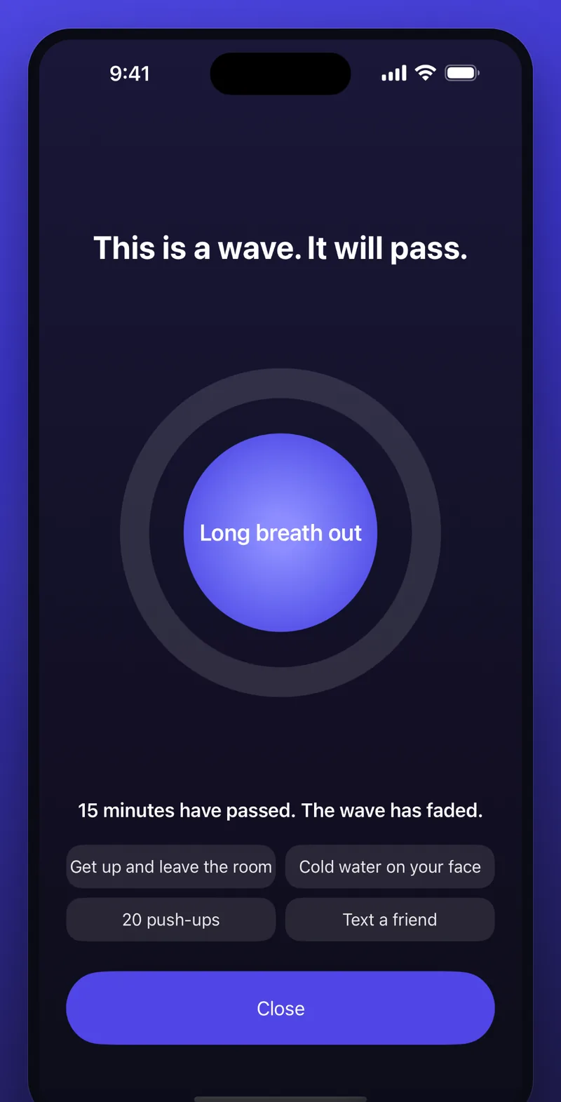 Seawall block screen on iPhone: dark background, the words This is a wave. It will pass., a glowing breathing circle saying Long breath out, and four suggested actions.